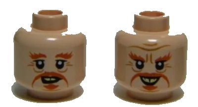 LEGO onderdeel Minifigure, Head Dual Sided LotR Dark Orange Moustache, Goatee, Bushy Eyebrows, Wrinkles, Yellowed Teeth, Smile / Open Mouth Pattern (3626pb1023)