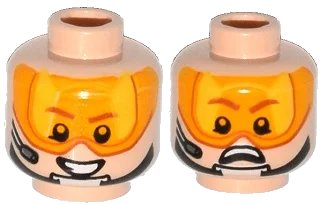 LEGO onderdeel Minifigure, Head Dual Sided Orange Visor, Brown Eyebrows, Chin Strap, Headset, Smile / Scared Pattern (3626pb1133)