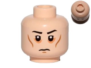 LEGO onderdeel Minifigure, Head Black Eyebrows, White Pupils, Cheek Lines, Circles Around Eyes, Frown Pattern (3626pb1257)