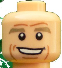 LEGO onderdeel Minifigure, Head Dark Tan Eyebrows, White Pupils, Chin Dimple, Cheek Lines, Open Smile Pattern (Thomas Müller) (3626pb1607)