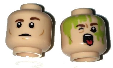 LEGO onderdeel Minifigure, Head Dual Sided Reddish Brown Eyebrows, Closed Mouth / Open Mouth with Tongue, Slimed Pattern (3626pb1647)