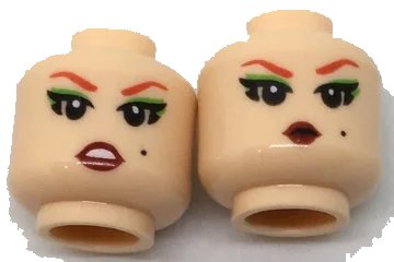 LEGO onderdeel Minifigure, Head Dual Sided Female Red Eyebrows, Green Eye Shadow, Worried / Pursed Lips Pattern (3626pb1786)