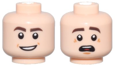 LEGO part Minifigure, Head Dual Sided Dark Brown Eyebrows, Open Mouth Smile / Scared with Top Teeth and Red Tongue Pattern (3626pb1794)