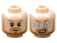 LEGO part Minifigure, Head Dual Sided Medium Nougat Eyebrows, Moustache, and Beard, Neutral / Metallic Light Blue and White Lightning Eyes and Angry Open Mouth with Teeth Pattern 3626pb1939
