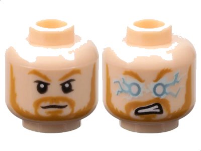 LEGO onderdeel Minifigure, Head Dual Sided Medium Nougat Eyebrows, Moustache, and Beard, Neutral / Metallic Light Blue and White Lightning Eyes and Angry Open Mouth with Teeth Pattern (3626pb1939)