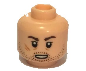 LEGO onderdeel Minifigure, Head Male Brown Stubble, Dark Brown Eyebrows, Oval Mouth and Scar Pattern (SW DJ) (3626pb1997)