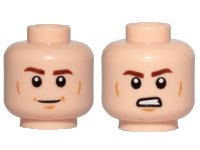 LEGO part Minifigure, Head Dual Sided Reddish Brown Eyebrows, Medium Nougat Cheek Lines and Chin Dimple, Smile / Angry with Bared Teeth Pattern 3626pb2108
