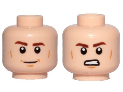 LEGO onderdeel Minifigure, Head Dual Sided Reddish Brown Eyebrows, Medium Nougat Cheek Lines and Chin Dimple, Smile / Angry with Bared Teeth Pattern (3626pb2108)