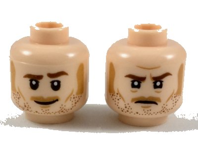 LEGO part Minifigure, Head Dual Sided Reddish Brown Eyebrows and Stubble, Medium Nougat Sideburns, Moustache, Cheek Lines, and Chin Dimple, Grin / Determined Pattern (3626pb2124)