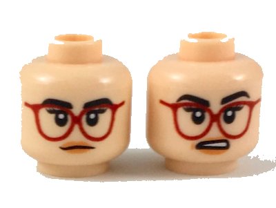 LEGO onderdeel Minifigure, Head Dual Sided Female Black Eyebrows, Red Glasses, Peach Lips, Neutral / Surprised Expression Pattern (3626pb2140)