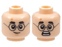 LEGO part Minifigure, Head Dual Sided Black Thick Eyebrows and Round Glasses, Lightning Scar, Grin with Medium Nougat Chin Dimple / Scared Open Mouth with Teeth Parted Pattern 3626pb2168