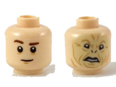 LEGO onderdeel Minifigure, Head Dual Sided Reddish Brown Eyebrows (Quirrell) / Crooked Tan Face with Dark Orange Contours (Voldemort) Pattern (3626pb2170)