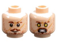 LEGO onderdeel Minifigure, Head Dual Sided Male Reddish Brown Eyebrows, Moustache, Soul Patch, and Stubble, Medium Nougat Scars, Grin / Yellow Eyes and Bared Teeth Pattern 3626pb2178