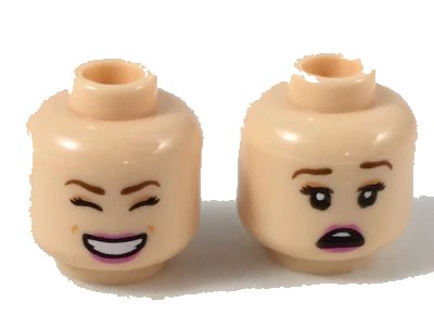 LEGO onderdeel Minifigure, Head Dual Sided Female Reddish Brown Eyebrows, Peach Eye Shadow, Magenta Lips, Smile with Closed Eyes/Scared Pattern (3626pb2213)