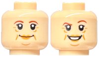 LEGO part Minifigure, Head Dual Sided Female Reddish Brown Eyebrows, Medium Nougat Lips, Wrinkles, Grin / Smile with Raised Eyebrow Pattern - Hollow Stud 3626pb2227