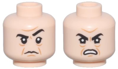 LEGO onderdeel Minifigure, Head Dual Sided Black Eyebrows, Medium Nougat Furrowed Brow, Chin Dimple, and Jowl Lines, Frown with Raised Eyebrow / Angry Open Mouth Scowl with Teeth Pattern - Hollow Stud (3626pb2236)