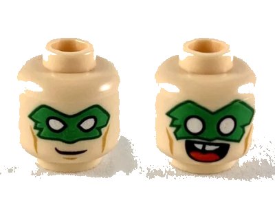LEGO onderdeel Minifigure, Head Dual Sided Green Eye Mask with Eye Holes, Smirk / Open Mouth Smile with Tongue Pattern - Hollow Stud (3626pb2329)