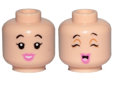 LEGO part Minifigure, Head Dual Sided Female, Black Eyebrows, Pink Lips, Smile / Cheerful Pattern (Betty Rubble) - Hollow Stud (3626pb2342)