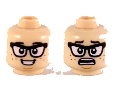 LEGO onderdeel Minifigure, Head Dual Sided Black Eyebrows and Glasses, Reddish Brown Freckles, Smile / Scared Pattern - Hollow Stud (3626pb2443)