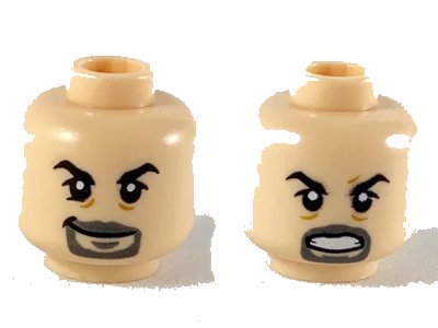 LEGO onderdeel Minifigure, Head Dual Sided Black Eyebrows, Dark Bluish Gray Goatee, Smile / Angry Pattern - Hollow Stud (3626pb2444)