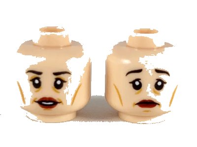 LEGO onderdeel Minifigure, Head Dual Sided Female Black Eyebrows, Upper Eyelids, Medium Nougat Eye Shadow, Cheek Lines, Wrinkles, and Chin Dimple, Dark Red Lips, Open Mouth Smile with Teeth / Sad Frown Pattern - Hollow Stud (3626pb2479)
