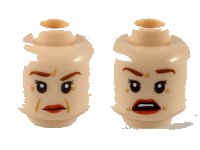 LEGO onderdeel Minifigure, Head Dual Sided Female, Reddish Brown Eyebrows, Dark Orange Wrinkles, Red Lips, Raised Right Eyebrow / Surprised Pattern - Hollow Stud 3626pb2657