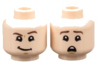 LEGO part Minifigure, Head Dual Sided Dark Brown Eyebrows, Medium Nougat Chin Dimple, Lopsided Grin with Raised Left Eyebrow / Scared Open Mouth with Top Teeth Pattern - Hollow Stud 3626pb2660