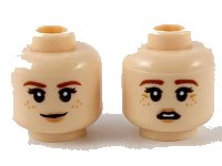 LEGO part Minifigure, Head Dual Sided Female, Reddish Brown Eyebrows, Medium Nougat Freckles, Peach Lips, Grin / Scared Pattern - Hollow Stud 3626pb2672