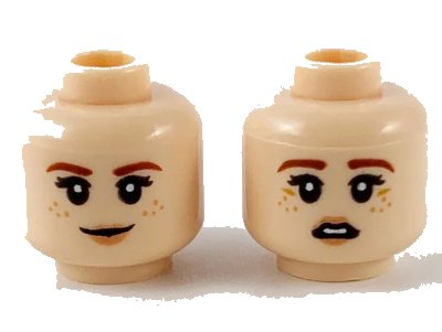 LEGO onderdeel Minifigure, Head Dual Sided Female, Reddish Brown Eyebrows, Medium Nougat Freckles, Peach Lips, Grin / Scared Pattern - Hollow Stud (3626pb2672)