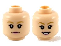 LEGO part Minifigure, Head Dual Sided Female, Dark Tan Eyebrows, Bright Pink Lips, Neutral / Smile Showing Teeth Pattern - Hollow Stud 3626pb2683