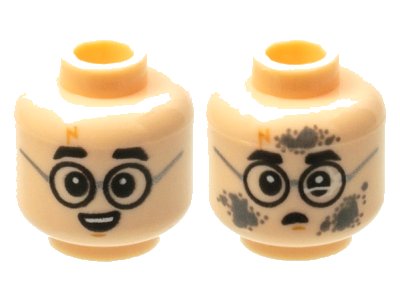 LEGO part Minifigure, Head Dual Sided Child Black Eyebrows, Round Glasses, Medium Nougat Lightning Bolt Scar and Chin Dimple, Open Mouth Smile with Top Teeth / Broken Lens and Dark Bluish Gray Dirt Stains Pattern - Hollow Stud (3626pb2688)