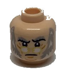 LEGO part Minifigure, Head Black and Light Bluish Gray Eyebrows, Gold Glasses, Chin Lines, Light Bluish Gray and White Sideburns Pattern - Hollow Stud 3626pb2708