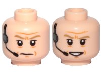 LEGO part Minifigure, Head Dual Sided Dark Tan Eyebrows, Wrinkles, Headset, Frown / Smile Pattern - Hollow Stud 3626pb2723