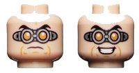 LEGO part Minifigure, Head Dual Sided Black Eyebrows, Silver Goggles with Orange Circular Lenses, Evil Grin / Worried Expression Pattern - Hollow Stud 3626pb2755