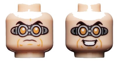 LEGO onderdeel Minifigure, Head Dual Sided Black Eyebrows, Silver Goggles with Orange Circular Lenses, Evil Grin / Worried Expression Pattern - Hollow Stud (3626pb2755)