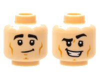 LEGO part Minifigure, Head Dual Sided Black Thick Eyebrows, Dark Orange Cheek Lines and Chin Dimple, Lopsided Grin / Open Mouth Smile with Teeth, Left Eyebrow Raised Pattern - Hollow Stud 3626pb2799