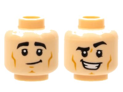 LEGO onderdeel Minifigure, Head Dual Sided Black Thick Eyebrows, Dark Orange Cheek Lines and Chin Dimple, Lopsided Grin / Open Mouth Smile with Teeth, Left Eyebrow Raised Pattern - Hollow Stud (3626pb2799)