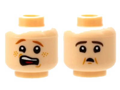 LEGO onderdeel Minifigure, Head Dual Sided, Scared Open Mouth with Dark Red Eyebrows and Freckles / Dark Brown Eyebrows and Small Mouth Pattern - Hollow Stud (3626pb2809)
