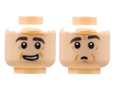 LEGO onderdeel Minifigure, Head Dual Sided, Dark Brown Eyebrows, Dark Orange Brow Furrows, Lopsided Grin / Confused with Raised Eyebrow Pattern - Hollow Stud (3626pb2846)