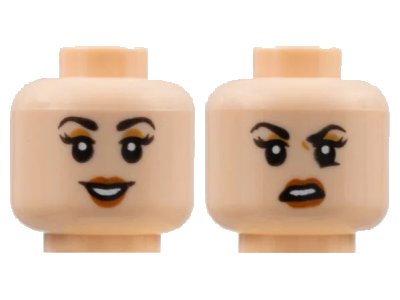 LEGO onderdeel Minifigure, Head Dual Sided Female, Black Eyebrows, Medium Nougat Eye Shadow, Dark Orange Lips, Smile / Scowl Pattern - Hollow Stud (3626pb2847)