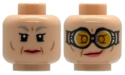 LEGO onderdeel Minifigure, Head Dual Sided Female Light Bluish Gray Eyebrows, Black Single Eyelashes, Lower Eyelids, Medium Nougat Cheek and Jowl Lines, Coral Lips, Neutral / Lopsided Grin and Goggles with Yellow Lenses Pattern - Hollow Stud (3626pb2874)
