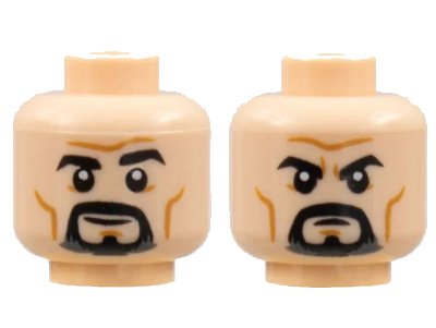 LEGO onderdeel Minifigure, Head Dual Sided Black Eyebrows and Goatee, Medium Nougat Cheek Lines and Chin Dimple, Furrowed Brow, Grin / Frown Pattern - Hollow Stud (3626pb2890)