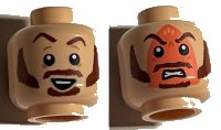 LEGO part Minifigure, Head Dual Sided, Reddish Brown Eyebrows, Moustache, Sideburns Raised Eyebrow with Smirk / Angry with Iron Burn Print Pattern - Hollow Stud 3626pb2897