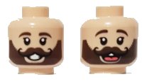 LEGO part Minifigure, Head Dual Sided, Dark Brown Eyebrows and Beard with Black Curly Moustache, Open Mouth Smile / Laughing with Tongue Pattern - Hollow Stud 3626pb2909