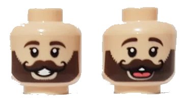 LEGO onderdeel Minifigure, Head Dual Sided, Dark Brown Eyebrows and Beard with Black Curly Moustache, Open Mouth Smile / Laughing with Tongue Pattern - Hollow Stud (3626pb2909)