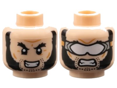 LEGO onderdeel Minifigure, Head Dual Sided Bushy Black Eyebrows, Mutton Chops, and Stubble, Open Mouth Smile / Bared Teeth and White Goggles Pattern - Hollow Stud (3626pb3008)