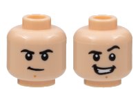 LEGO part Minifigure, Head Dual Sided Black Eyebrows, Medium Nougat Chin Dimple, Firm / Smile with Teeth and Raised Left Eyebrow Pattern - Hollow Stud 3626pb3013
