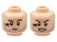 LEGO part Minifigure, Head Dual Sided Beard Stubble, Reddish Brown Eyebrows, Black Snake Tattoo, Mouth Closed / Mouth Open Pattern - Hollow Stud 3626pb3023