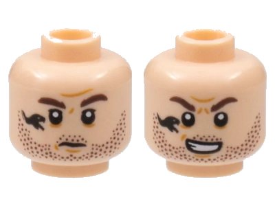 LEGO onderdeel Minifigure, Head Dual Sided Beard Stubble, Reddish Brown Eyebrows, Black Snake Tattoo, Mouth Closed / Mouth Open Pattern - Hollow Stud (3626pb3023)