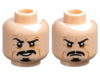 LEGO onderdeel Minifigure, Head Dual Sided Black Eyebrows, Moustache, and Goatee, Medium Nougat Cheek Lines and Wrinkles, Open Mouth Smile with Teeth / Scowl Pattern - Hollow Stud (3626pb3030)